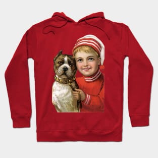 Little boy with Christmas Cap sitting by his pet terrier Hoodie